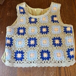 Boho Granny Square Crochet Knit Tank Top Blue Green Lined Sleeveless Crop